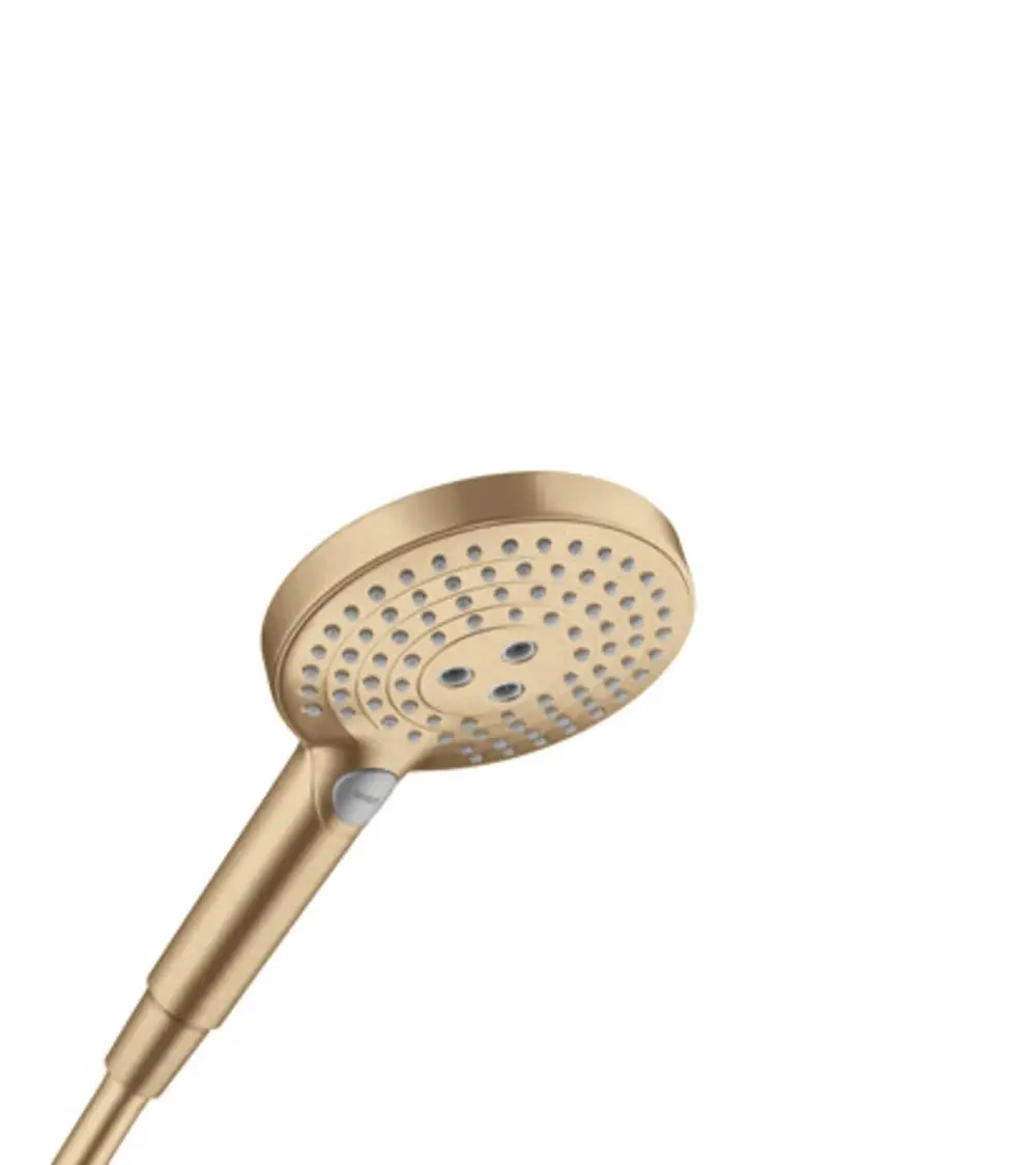 Handbrause von Hansgrohe in gebürstetem Bronze-Finish, runde Kopfbrause mit mehreren Strahloptionen und ergonomischem Griff.